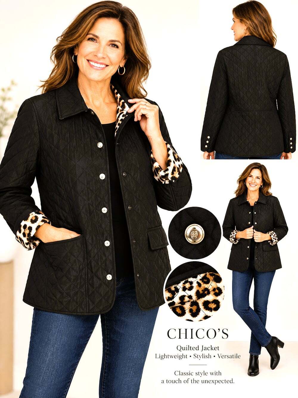 Chico's Black Quilted Jacket Gold buttons Animal print lining/Accents. SZ XL